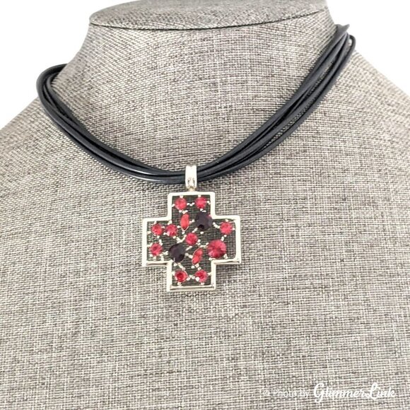 VCLM Multi Strand Black & Red Rhinestone Crystals Cross Pendant Choker Necklace - Picture 1 of 9